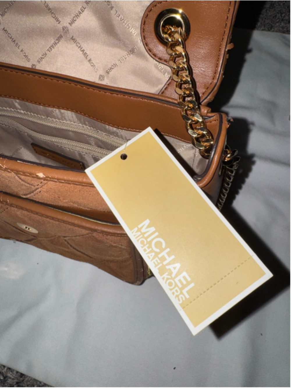 Michael Kors Regina Quilted Leather Flap Bag Brown Gold Chain Crossbody - Picture 6 of 7